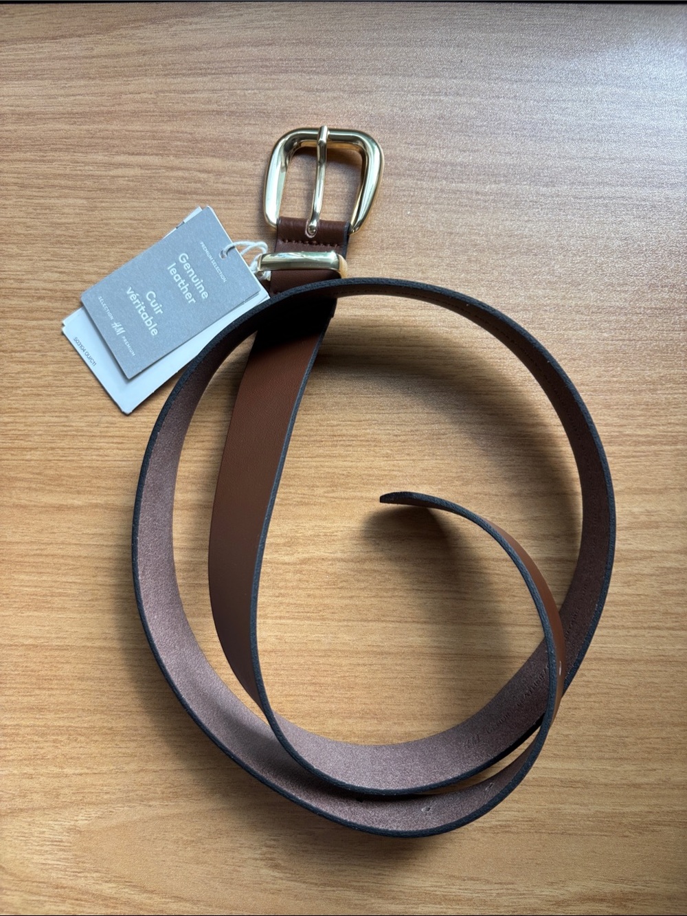 H&M Premium Genuine Leather Brown Belt with Gold Buckle Size S (NWT)